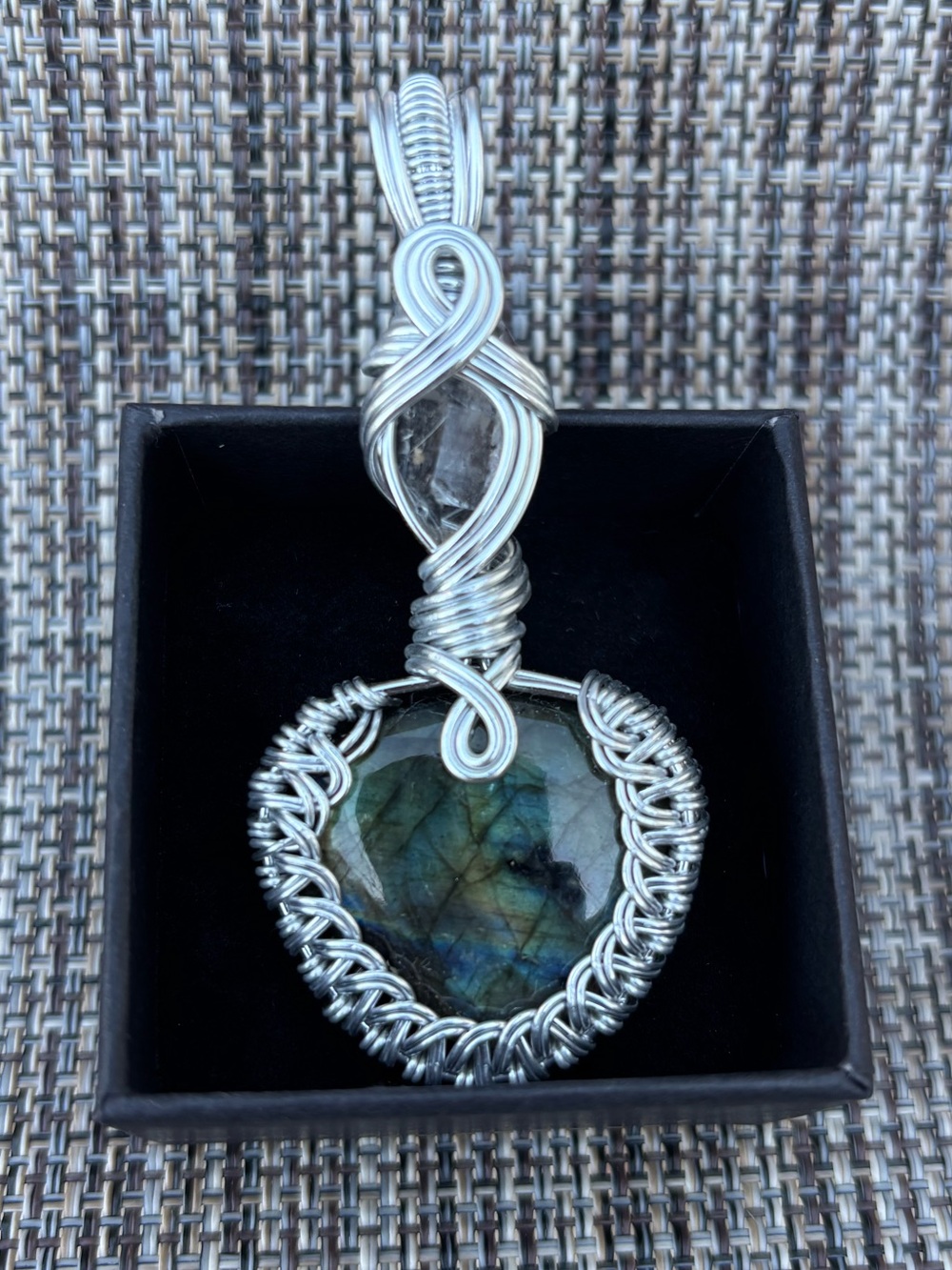 Handmade Labradorite Heart Pendant in Silver Wire Wrap with Herkimer Accent